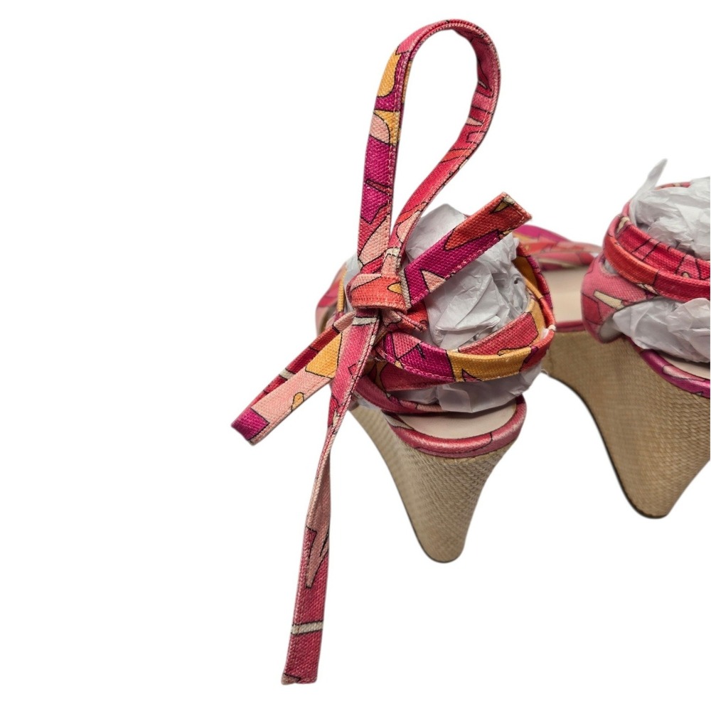 Emilio Pucci Y2K Raffia Espadrille Wedge Sandals 38 Pink Abstract Italy Tie Heel - Picture 11 of 16